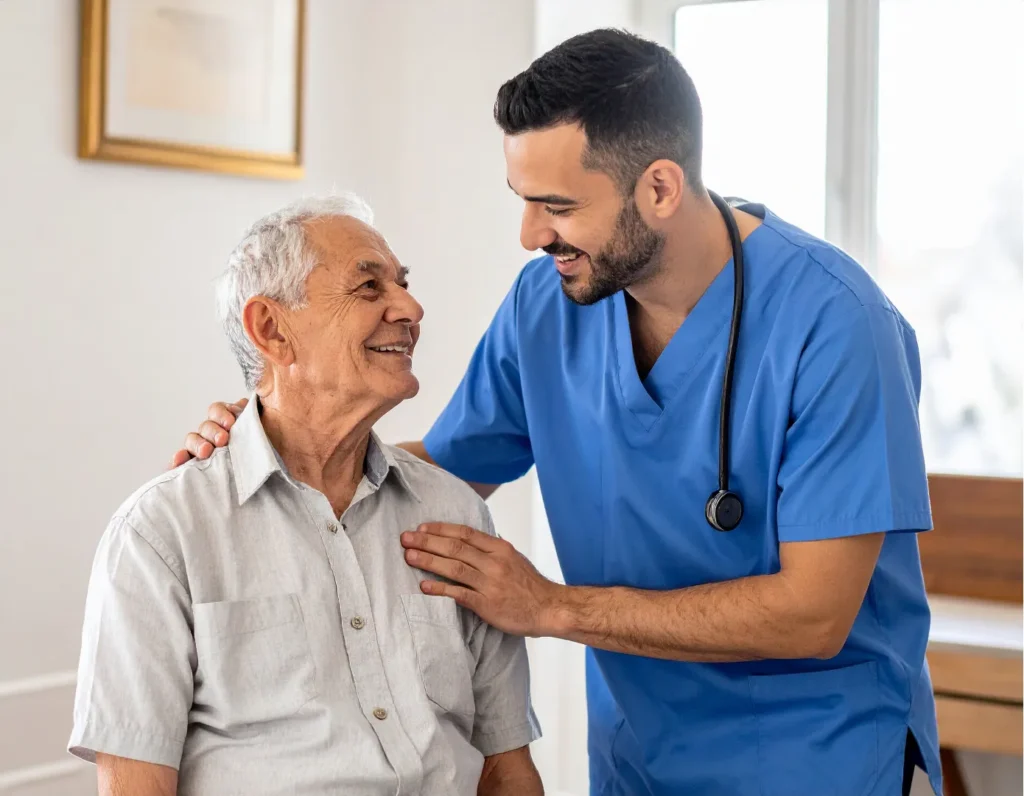 Physician looking at happy smiling patients, hands on his shoulder