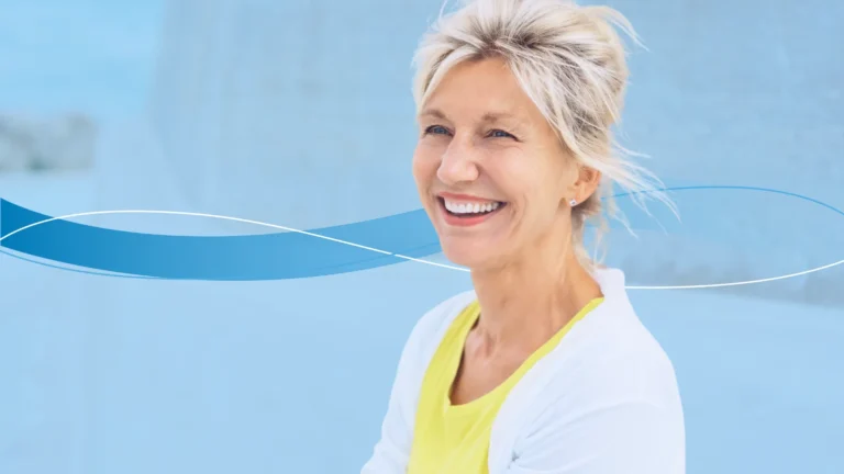 Woman laughing with Ocana theme design in background