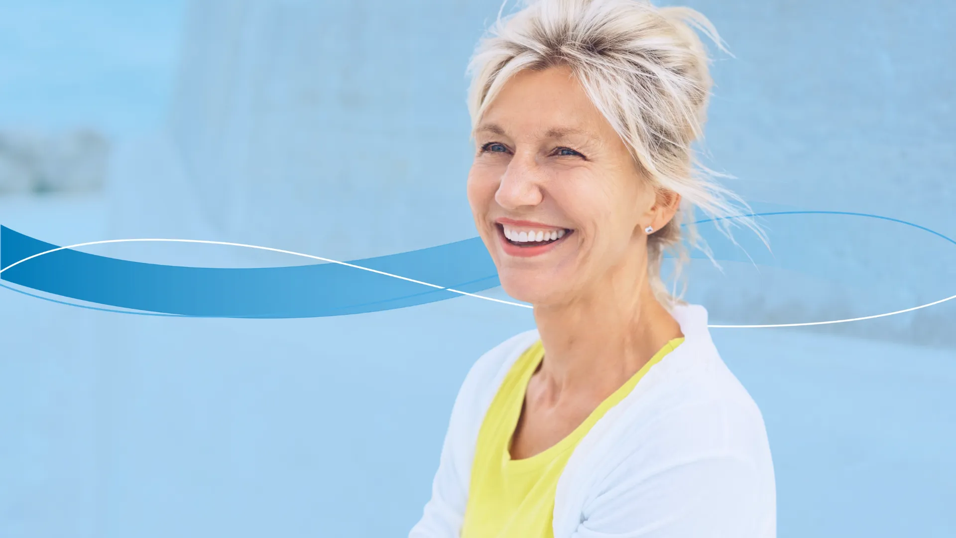 Woman laughing with Ocana theme design in background